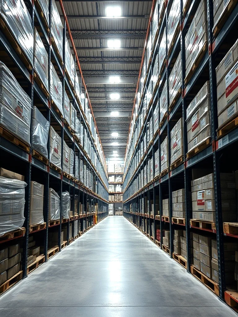 A long racked aisle seen from floor level, shrink wrapped pallets of cartons three levels high on steel racking under high bay lights.