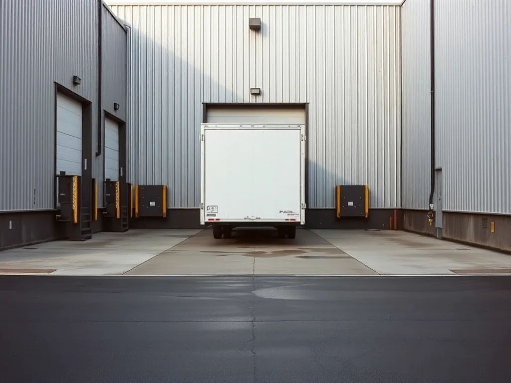 The dock face of a metal clad warehouse from the yard, levelled doors along the wall and one plain white trailer backed into a bay.