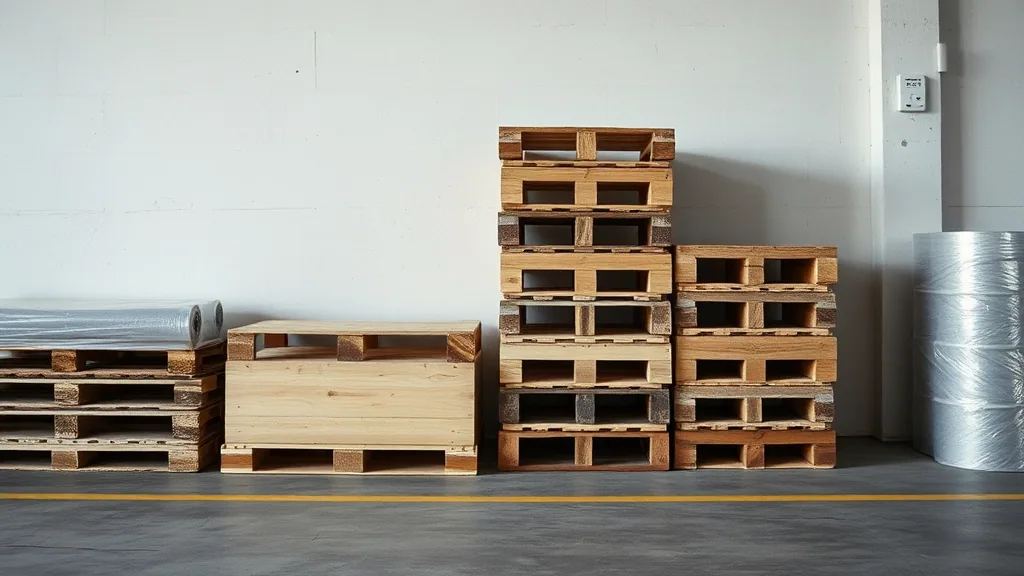 Stacks of empty wooden pallets and rolls of stretch wrap standing against a warehouse wall behind a painted floor line.