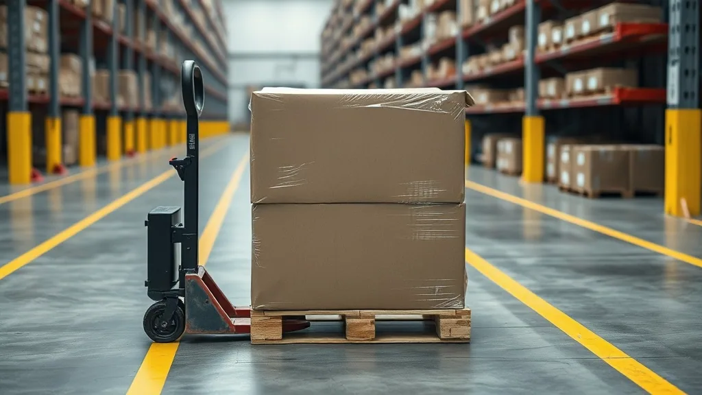 A shrink wrapped pallet of plain cartons staged on the floor beside a manual pallet jack, between painted aisle lines.